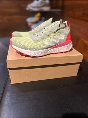 adidas Terrex Two Knit Running Shoes in Sage Green with Pink Accents